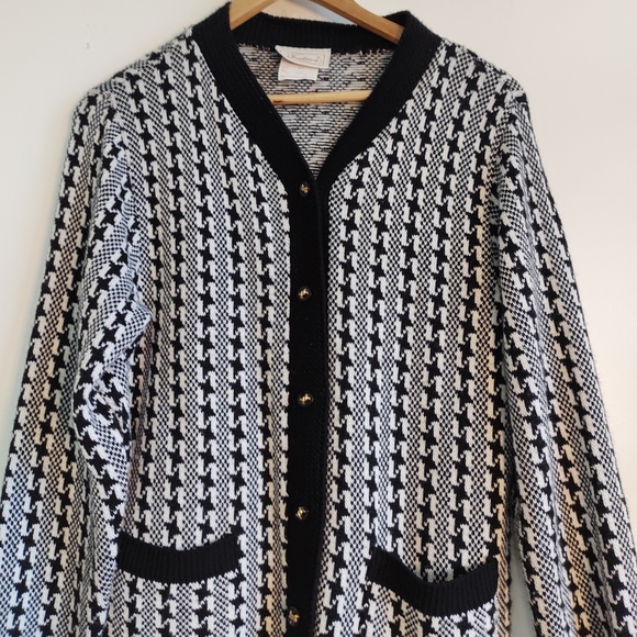 Vintage Cardigan; Black + White Houndstooth Knit - Picture 1 of 12